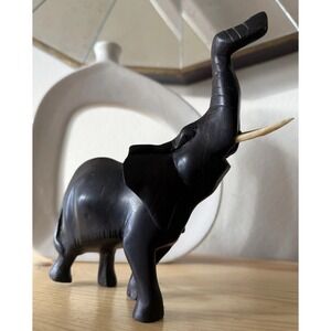 Vintage Hand Carved Wood Elephant With Intact Tusk 8" Tall